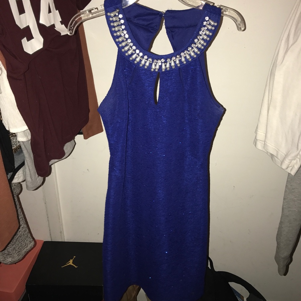 Blue sparkle dress with pearls and jewels